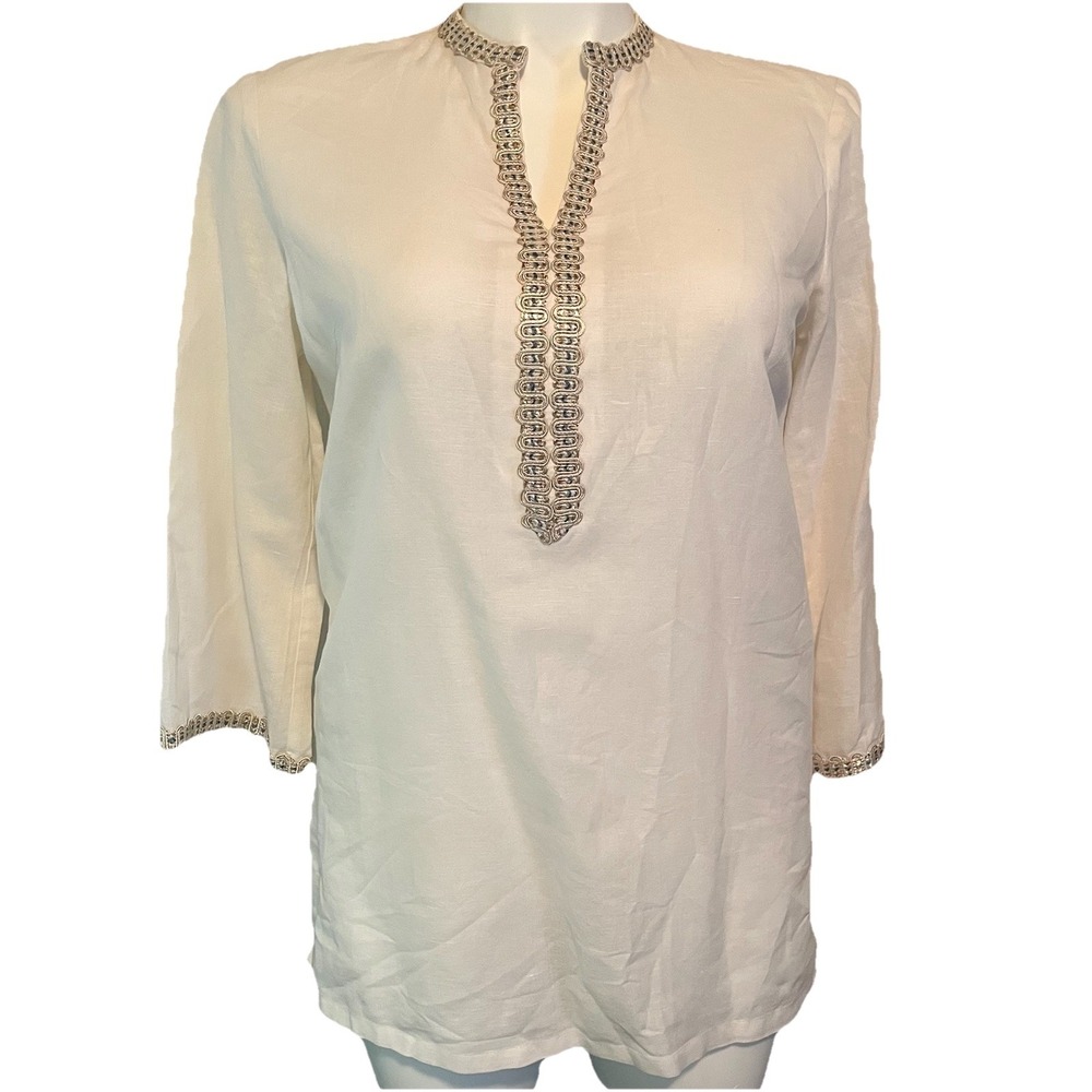 J. McLaughlin White Linen Blend‎ Tunic Women's M Minimalist Quiet Luxury Coastal